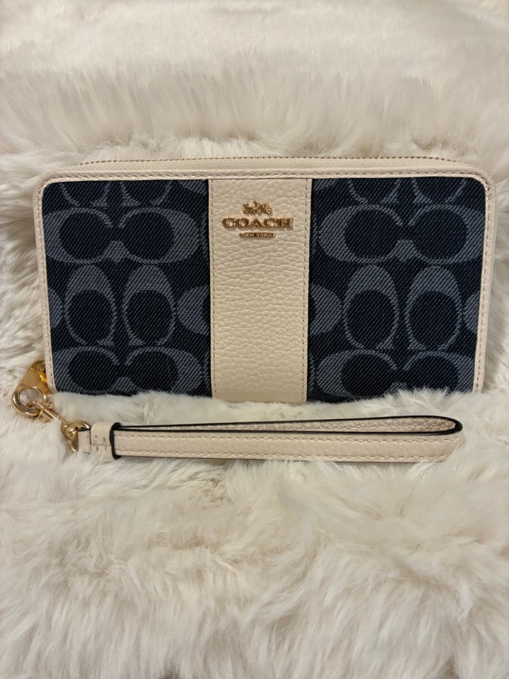Coach Navy Signature Canvas and Cream Leather Wristlet